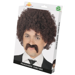 Pánská hnědá kudrnatá paruka s knírem